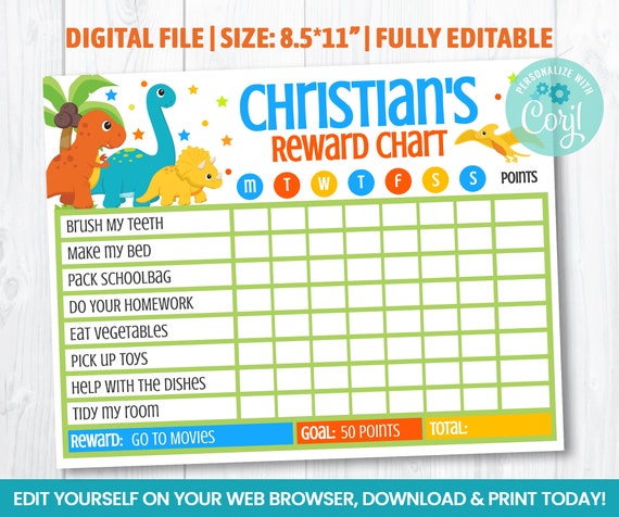 EDITABLE Dinosaur Reward Chart, Boy Dinosaurs Routine Chart, Self Editing Kids Chore Chart, INSTANT ACCESS Il_570xn