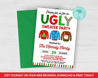 Editable Ugly Sweater Party Invitation, Tacky Sweater Contest Self Editing Invite, Holidays Celebration, INSTANT ACCESS