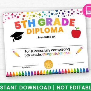 Diplôme de 5e année imprimable, certificat de fin d'études, dessin au crayon, téléchargement immédiat au format PDF