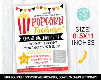 EDITABLE Popcorn Fundraiser Flyer Template, Charity Non Profit Event Poster, Movie night Self Editing 8.5x11 Inches INSTANT ACCESS