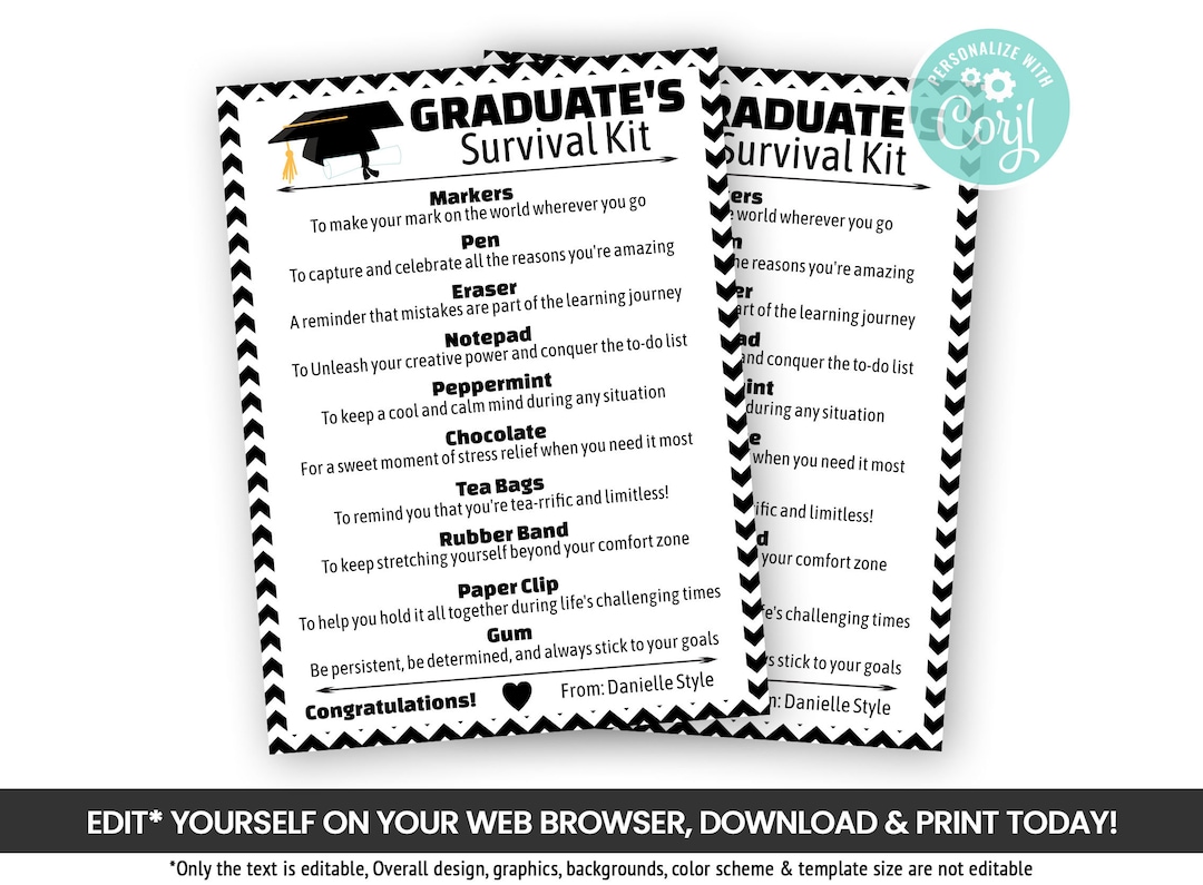 Printable Editable Graduate Survival Kit Template, Self Editing