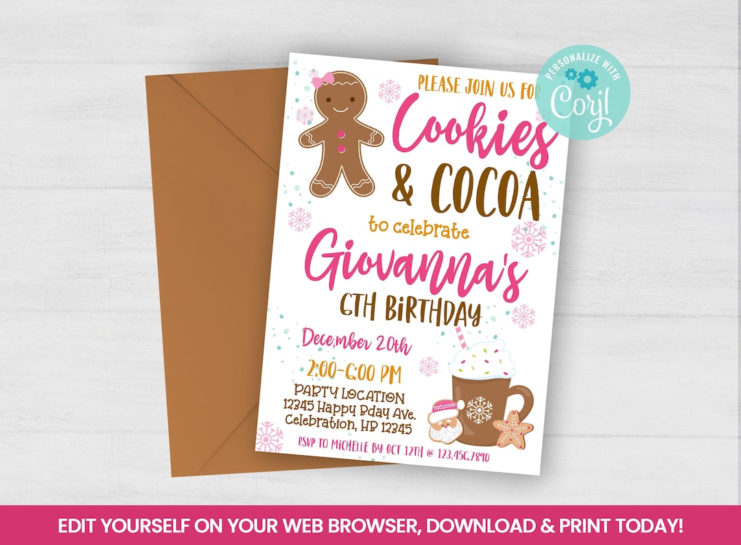 Editable Cookies and Cocoa Invitation, Christmas Gingerbread Girl Self ...