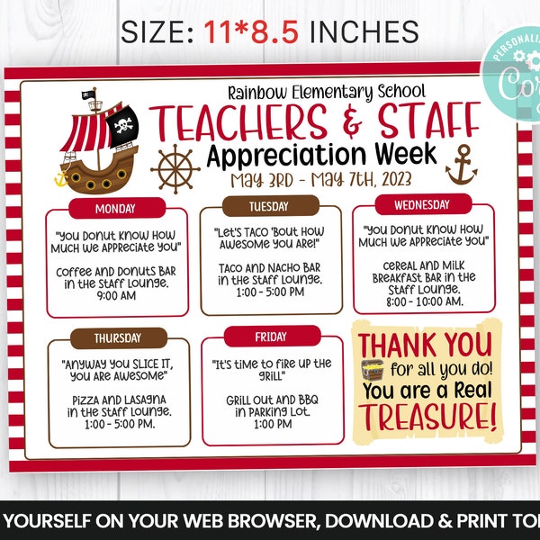 EDITABLE Pirate Teacher Staff Appreciation Flyer, Treasure chest box Itinerary Week, Ship Boat Self Editing Invitation, Map Weekly Planner