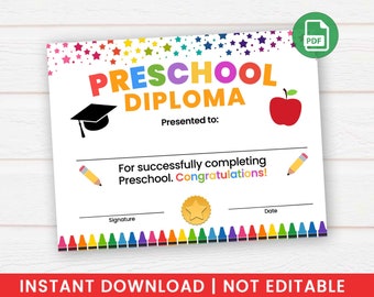 Printable Preschool Graduation Diploma, End of School Certificate, PDF Instant Download