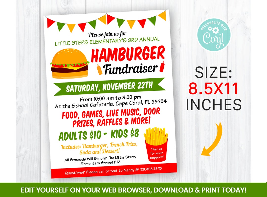 EDITABLE Hamburger Fundraiser Flyer Template Charity Non - Etsy