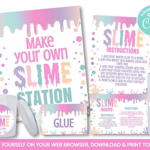 Conjunto de estaciones de fabricación de limo EDITABLE, Autoedición del tema de la fiesta de cumpleaños de Slime, colores pastel, ACCESO INSTANTÁNEO