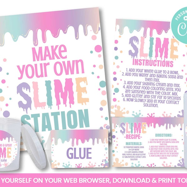 EDITABLE Slime Making Station Set, Slime Birthday Party Theme Self Editing, Pastel Colors, INSTANT ACCESS