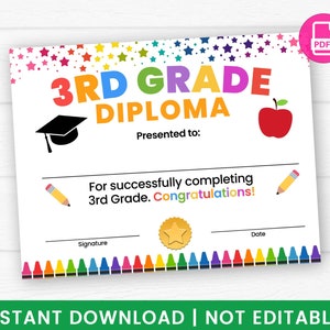 Afdrukbaar 3e leerjaar afstudeerdiploma, einde van schoolcertificaat, Crayon Line Design, PDF Instant Download