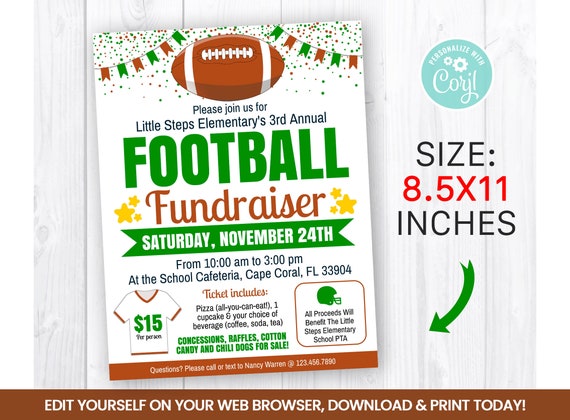 EDITABLE FootBall Fundraiser Flyer Template, Charity Non Profit Event Poster, Sports Self Editing 8.5x11 In INSTANT ACCESS Il_570xn