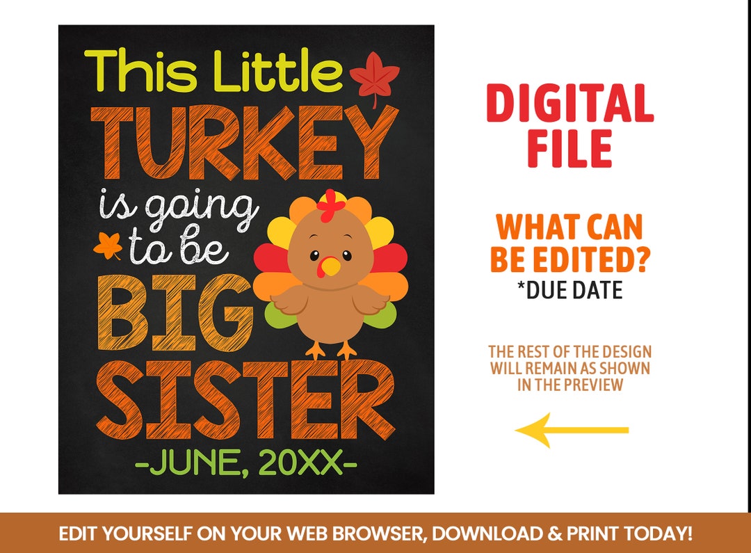 Editable Big Sister Announcement Sign Little Turkey Self - Etsy