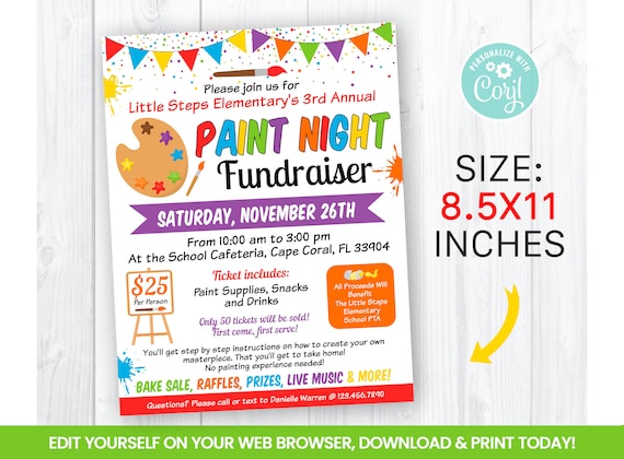 EDITABLE Paint Night Fundraiser Flyer Template, Charity Non Profit Event Poster, Family Art Night Self Editing 8.5x11 In INSTANT ACCESS Il_570xn