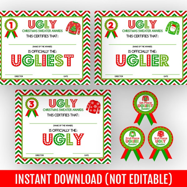 Christmas Ugly Sweater Partydekoration Paket, Sieger Zertifikate, bedruckbare Bänder, SOFORTIGER DOWNLOAD