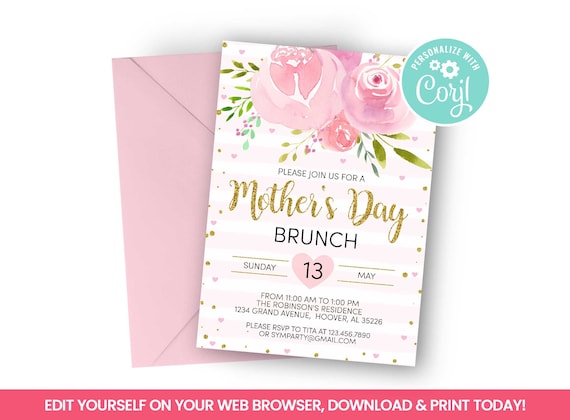 EDITABLE Mother's Day Brunch Invitation, Printable Pink Watercolor ...