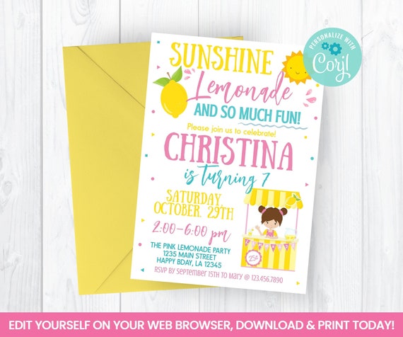 Editable Lemonade Party Invitation, Summer Self Editing Invite, INSTANT ...