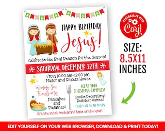 EDITABLE Religious Christmas Flyer Template, Kids Breaksfast Nativity Program,  Jesus Birthday Self Editing 8.5x11 Inches INSTANT ACCESS