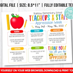 EDITABLE Teacher and Staff Appreciation Flyer, Itinerary Week Self Editing Invite, Weekly Planner, apple, pencil, ruler, crayon