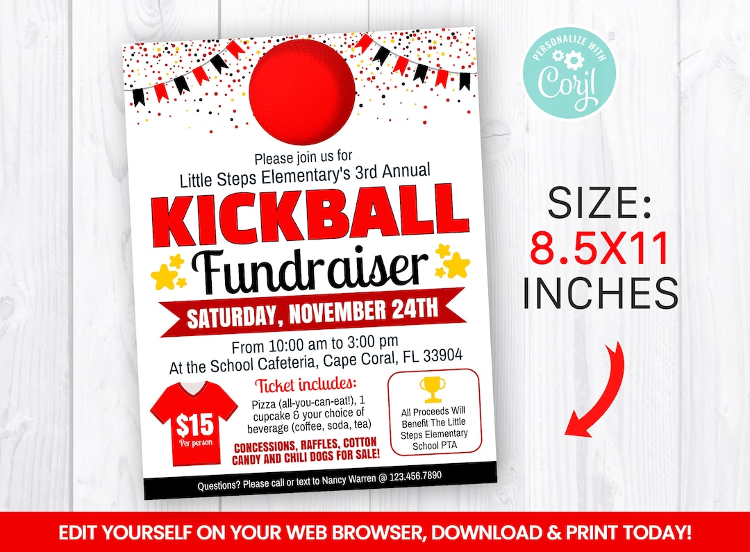 EDITABLE Kickball Fundraiser Flyer Template, Charity Non Profit Event
