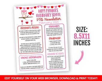 EDITABLE School Pto Pta Valentine Newsletter, February Meeting, Owl Valentine's Day Activities Self Editing, INSTANT ACCESS