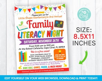 EDITABLE Family Literacy Night Flyer Template, Charity Non Profit Event Poster, School Book Fair Self Editing 8.5x11 In INSTANT ACCESS