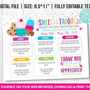 EDITABLE Sweet Candy Teacher & Staff Appreciation Week Flyer, Itinerary Week Self Editing Invite, Weekly Planner, Cupcakes Cookies ice cream