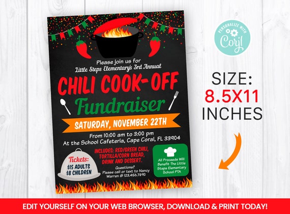 EDITABLE Chili Cook-Off Fundraiser Chalkboard Flyer Template, Charity Non Profit Event Poster, Auction Self Editing 8.5x11 In INSTANT ACCESS Il_570xn