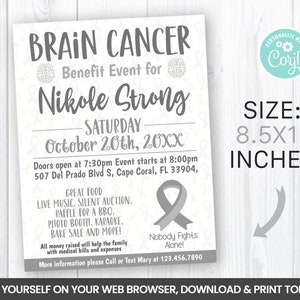 EDITIERBARER Brain Cancer Fundraiser Event Flyer, graues Band, Cancer Nutzen, Awareness Month, selbst bearbeitend 8,5x11 in SOFORTIGER ZUGANG