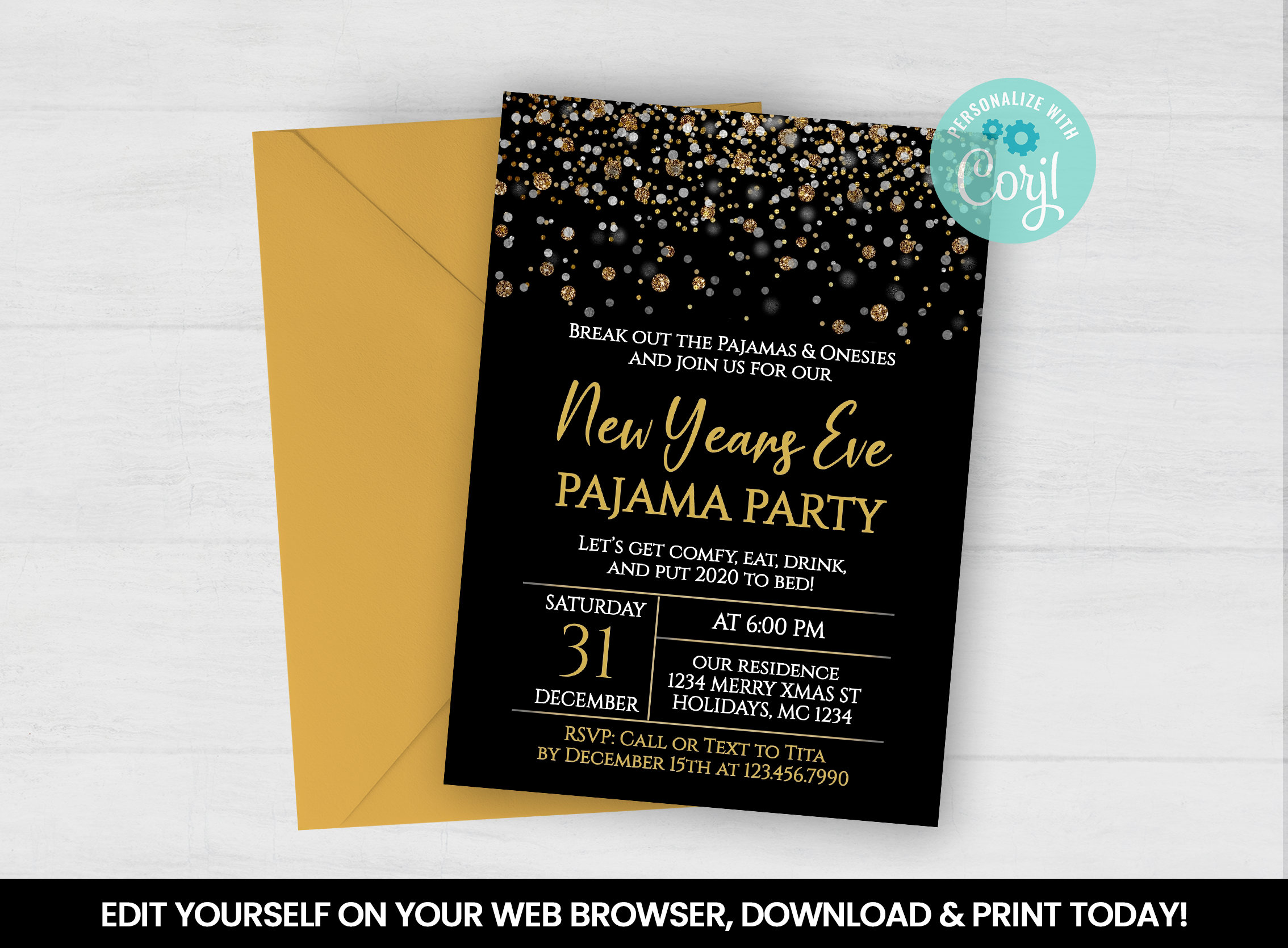 Editable Happy New Year Pajama Party Invitation Black and Etsy
