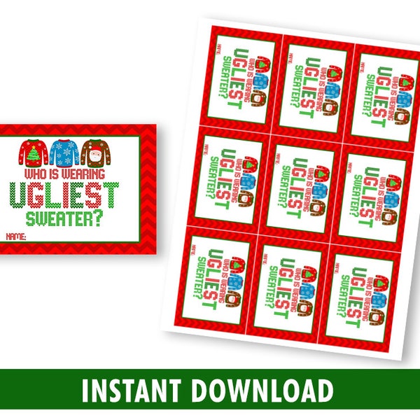 Christmas Ugly Sweater Vote Cards, Happy Holidays, Vote For the Ugliest Sweater, INSTANT DOWNLOAD