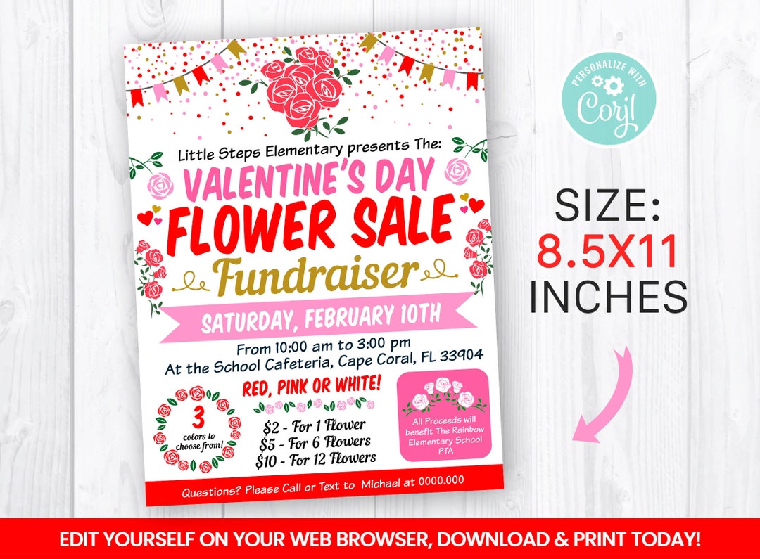 EDITABLE Valentine's Day Flower Sale Flyer Template, Charity Non Profit