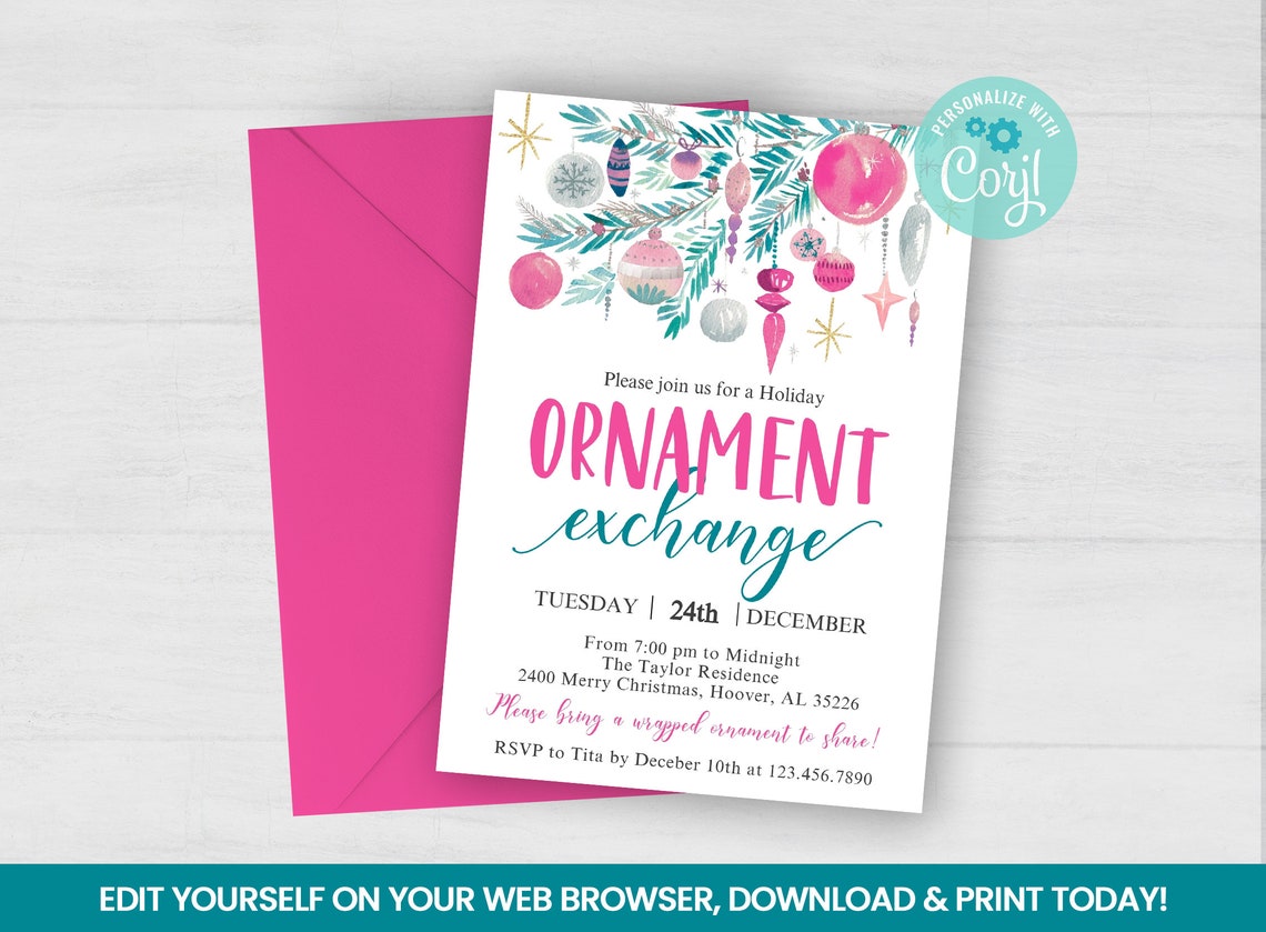 Editable Ornament Exchange Invitation Pastel Colors Hand Etsy
