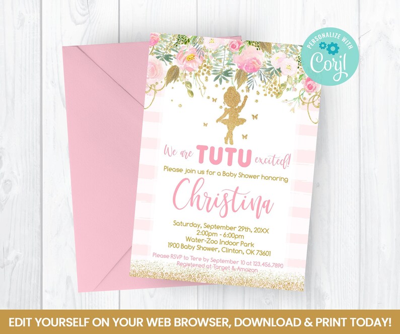 Editable Floral Ballerina Baby Shower Invitation Girl Self Etsy