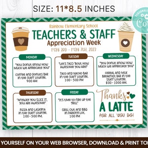 EDITABLE Coffee Teacher & Staff Appreciation Flyer, Latte Itinerary Week, Self Editing Invitation, Frappe Weekly Planner, Announcements
