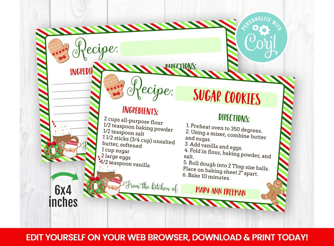 Editable Christmas Cookie Exchange Recipe Card Holiday Recipe - Etsy