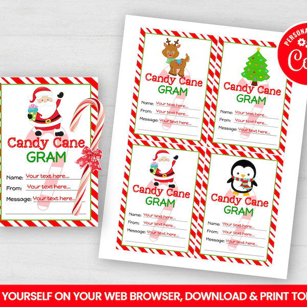 Editable Christmas Candy Cane Gram, Christmas Tree, Santa Claus, Penguin, Reindeer Self Editing Cards,  INSTANT ACCESS