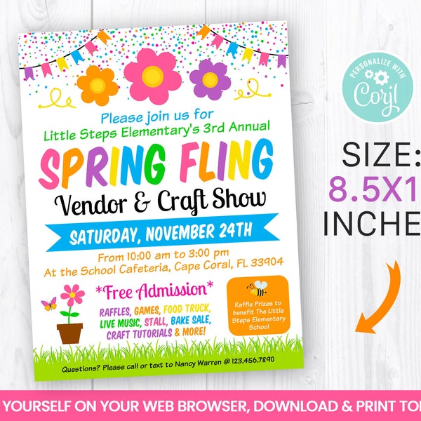 EDITABLE Spring Festival Fundraiser Crafts Flyer, Flowers, Butterfly, Honey Bee, Spring Break Self Editing 8.5x11 Inches INSTANT ACCESS
