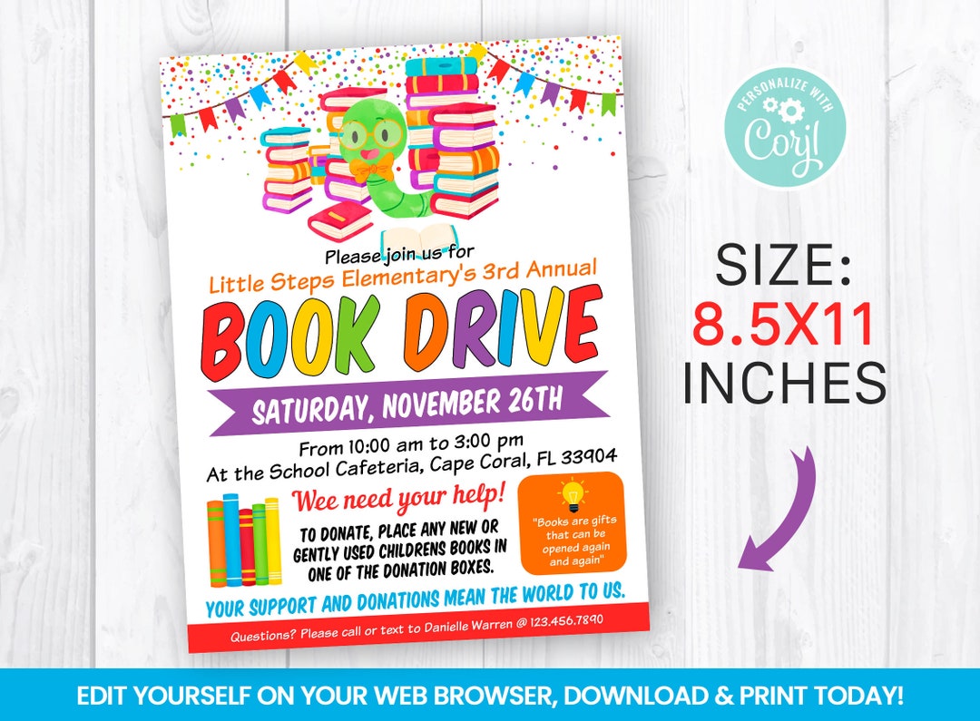 EDITABLE Book Drive Flyer Template, Charity Non Profit Event Poster