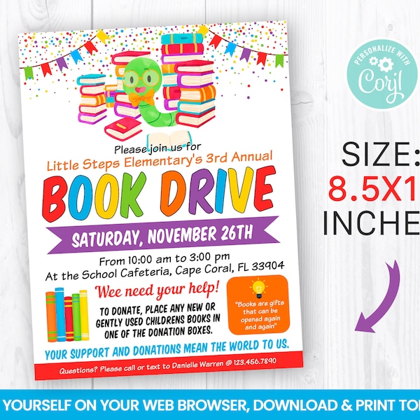 EDITABLE Book Drive Flyer Template, Charity Non Profit Event Poster, School Book Fair Self Editing Advertise 8.5x11 In INSTANT ACCESS