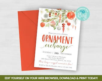 Editable Ornament Exchange Invitation, Hand Painted Floral Self Editing Invite, INSTANT ACCESS