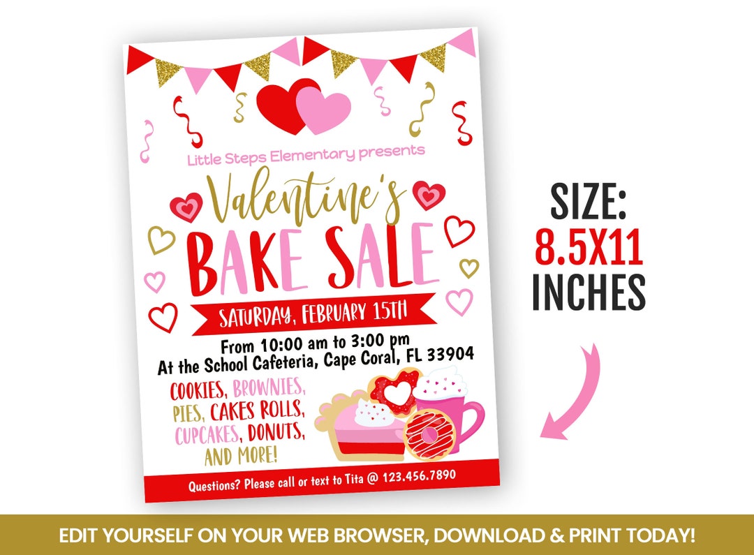 EDITABLE Happy Valentine's Day Bake Sale Flyer Template, Charity Non