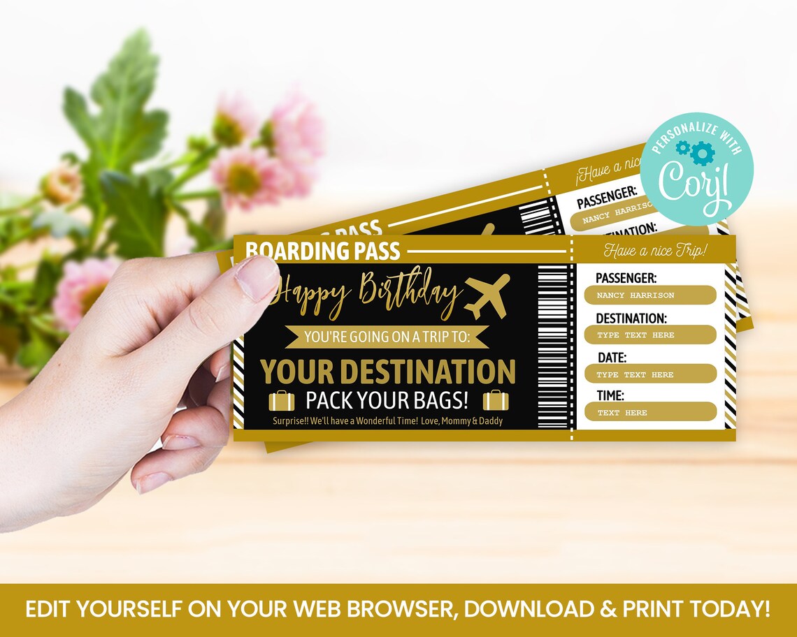 EDITABLE Airplane Surprise Ticket Boarding Pass Flight - Etsy