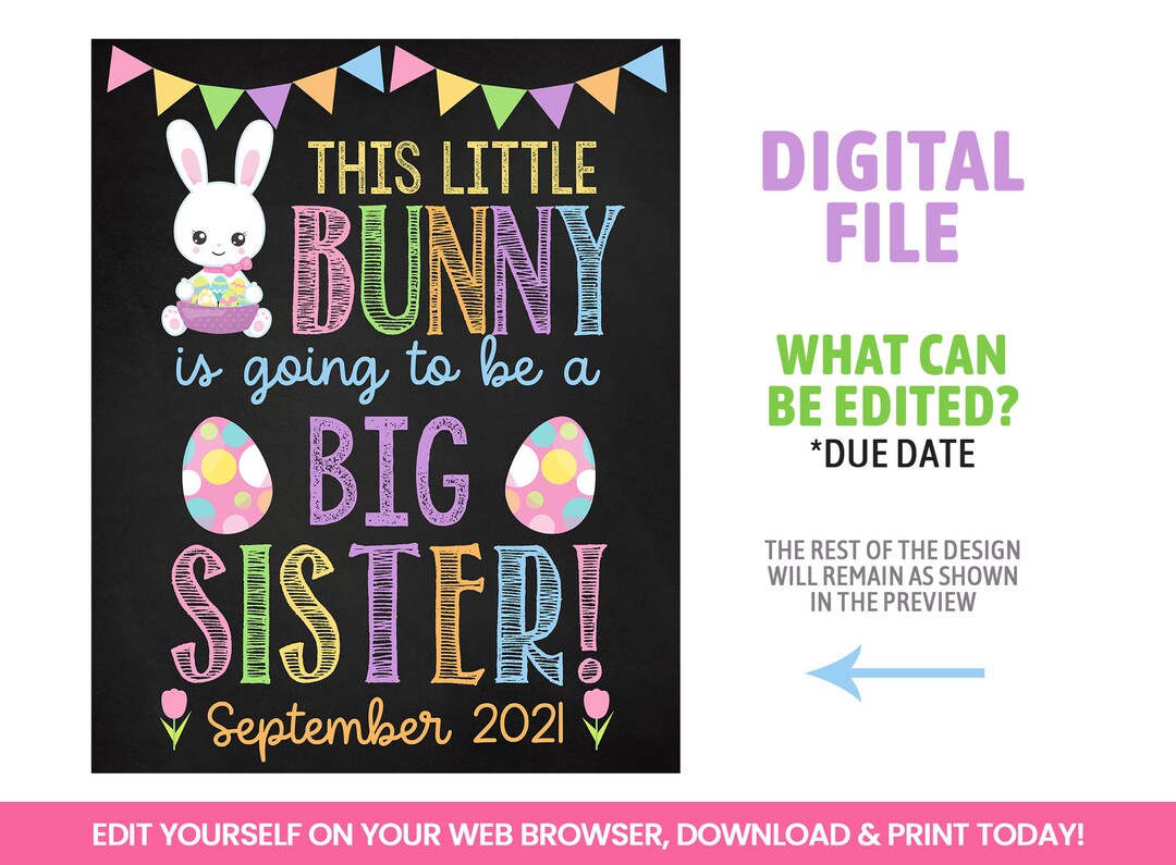 Editable Big Sister Announcement Sign, Little Bunny Self Editing Sign ...