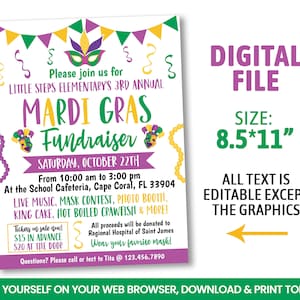 EDITABLE Mardi Gras Flyer Template, Mask, Masquerade Charity Non Profit Event Flyer, Self Editing 8.5x11 Inches INSTANT ACCESS