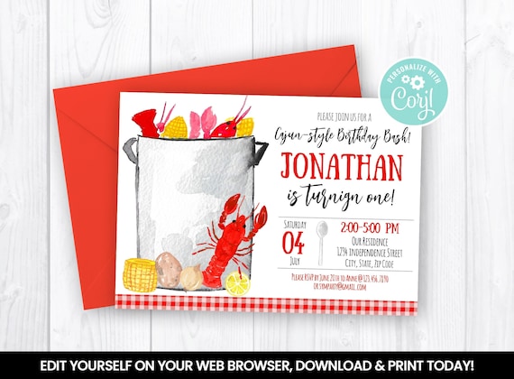 Editable Crawfish Boil Birthday Party Invitation, Family Annual Boiled