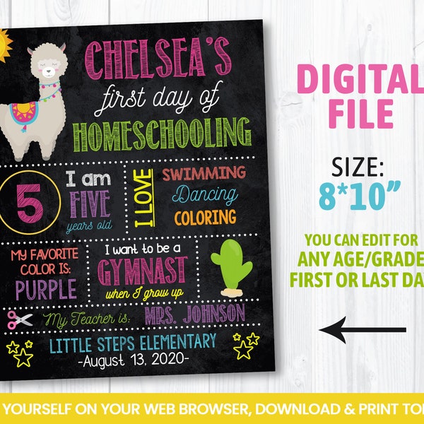 EDITABLE Llama 1st Day of School Chalkboard Sign, Alpaca, Cactus Self Editing Announcement for Girl, 8x10 inches, INSTANT ACCESS