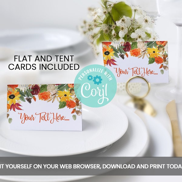 Editable Thanksgiving Food Tent Cards, Autumn Watercolor Flowers Place Cards, Self Editing Guest Cards, Flat & Folded INSTANT ACCESS