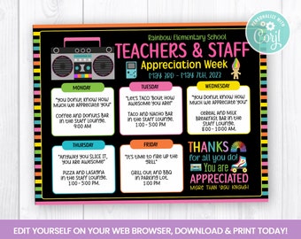 EDITABLE 90s Teacher & Staff Appreciation Flyer, Retro Tape Recorder Itinerary Week, Cassette Tape Self Editing Invitation, 90s Themed