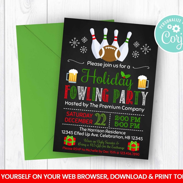 Editable Holiday Foot Ball and Bowling and Party Invitation, Rolling Bowl Self Editing Invite, Beer Mug Card, Chalkboard Faux INSTANT ACCESS