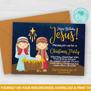 Editable Happy Birthday Jesus Invitation, Nativity Kids Christmas Self ...