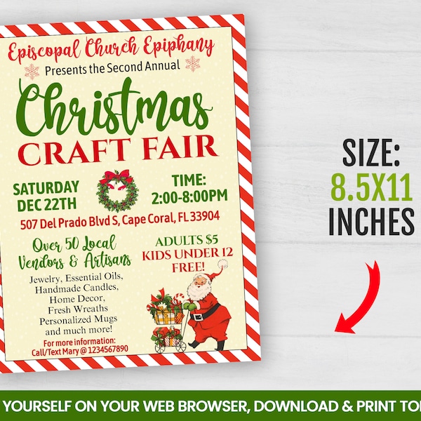 EDITABLE Christmas Craft Fair Flyer Template, Boutique, Bazaar, Shoping Event Flyer, Vintage Self Editing 8.5x11 Inches INSTANT ACCESS