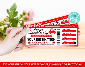 EDITABLE Road Trip Surprise Ticket, Happy Anniversary Self Editing Voucher, Car Trip, Getaway Holiday Vacation, Digital File INSTANT ACCESS